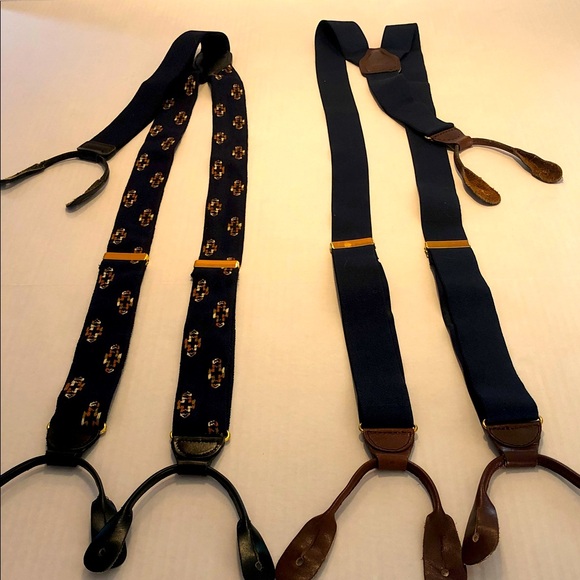 Two CAS Germany Men’s Button Suspenders with leather Gold hardware, Navy - Picture 1 of 7